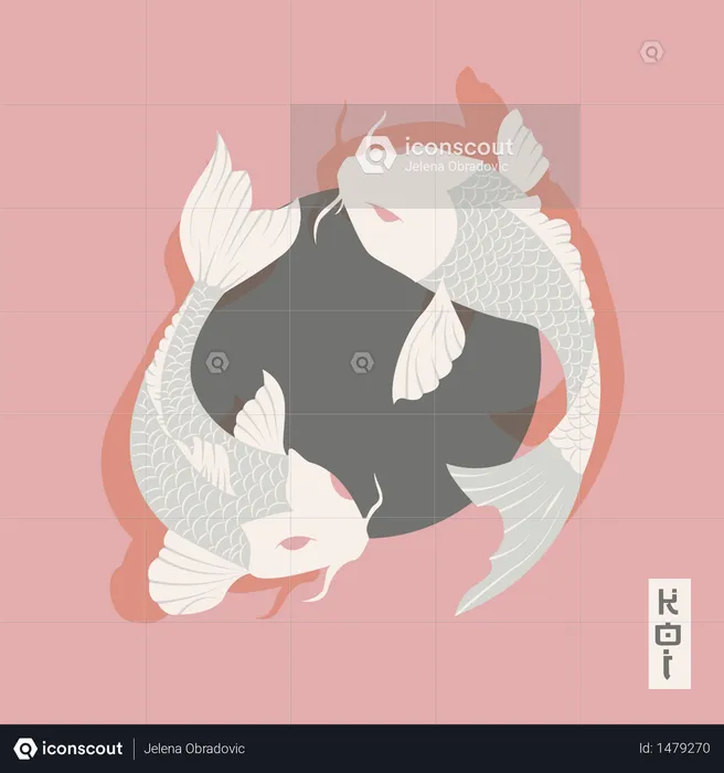 Two carp koi fish swimming around Sun, traditional Japanese style  Illustration