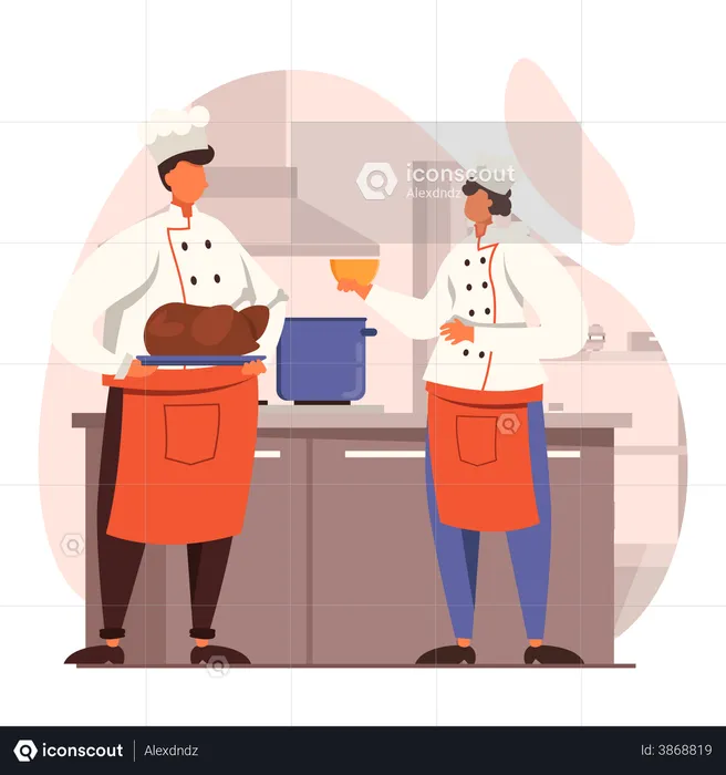 Two chefs making grilled Chicken  Illustration