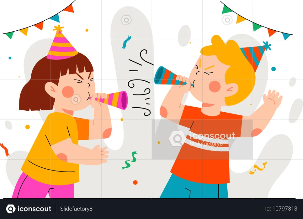 Two children blowing trumpet  Illustration