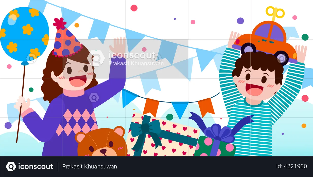 Two children celebrating birthday together  Illustration