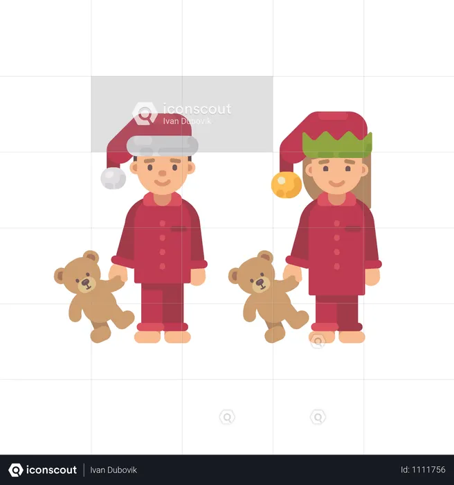 Two Children In Christmas Hats And Red Pajamas Holding Teddy Bears  Illustration