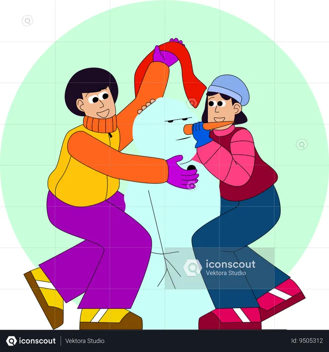 Two children joyfully building a snowman  Illustration