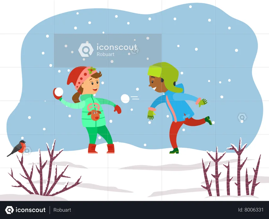 Two Children Playing Snowballs in Park  Illustration