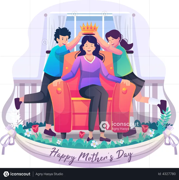 Two children son and daughter are putting a crown on their mother  Illustration