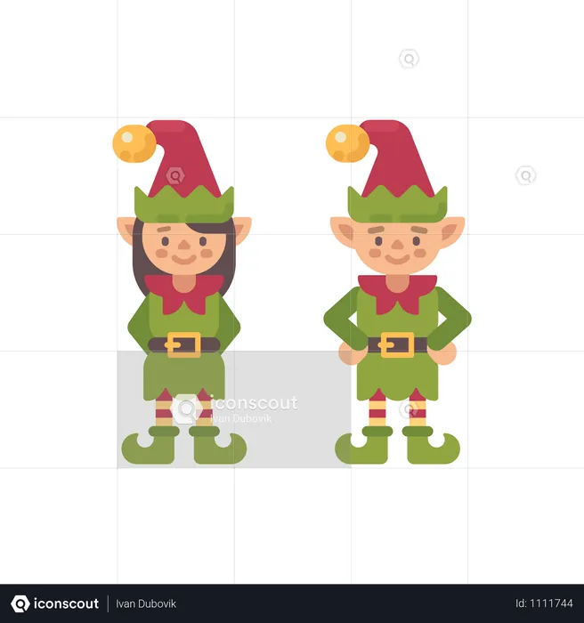 Two Cute Christmas Elves, Male And Female  Illustration