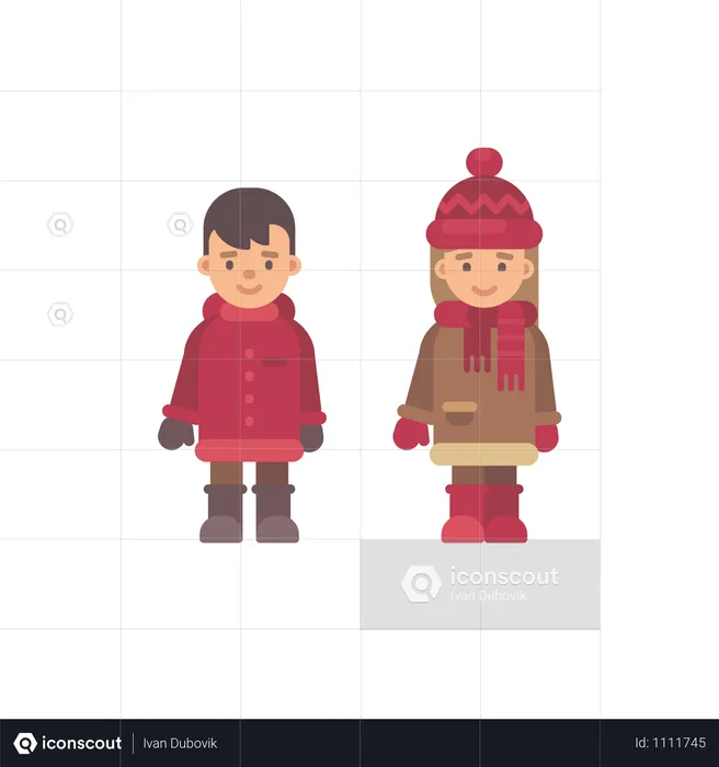 Two Cute Little Kids In Winter Clothes  Illustration
