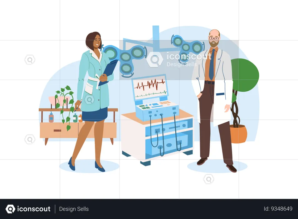 Two doctors check the functionality of heart treatment devices  Illustration