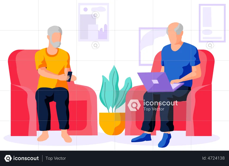 Two elderly men at home with modern digital gadgets  Illustration