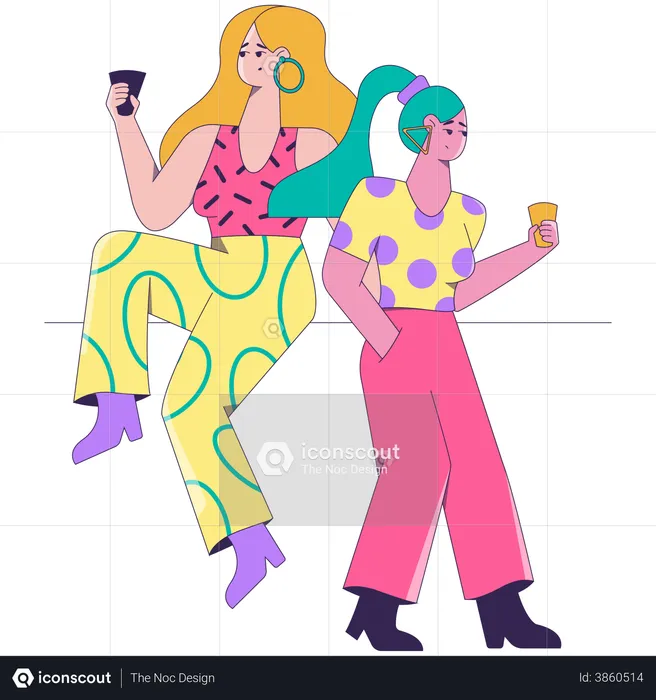 Two female friends having drinks at a party  Illustration