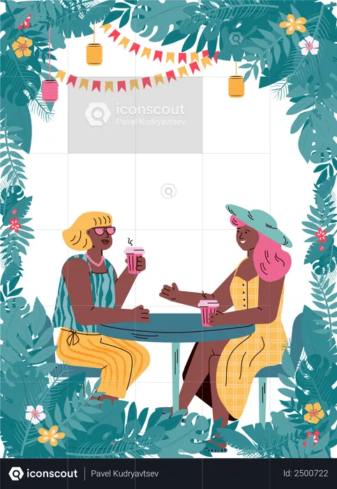 Two female friends relaxing on summer vacation  Illustration