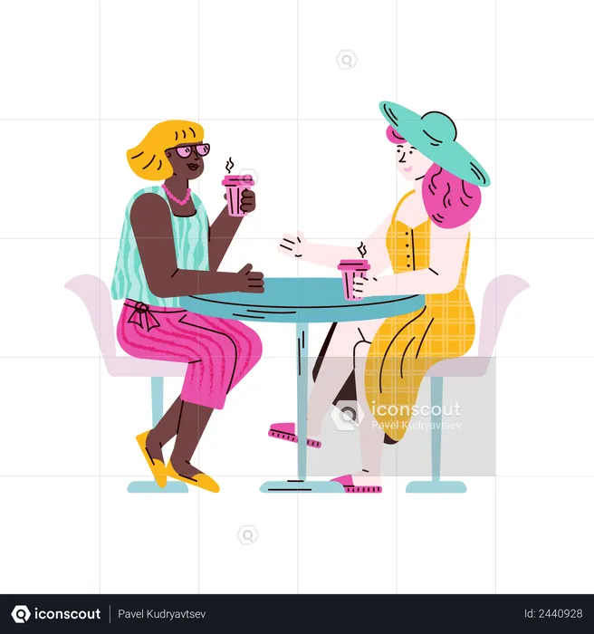 Two female friends sitting at table drinking coffee and talking  Illustration