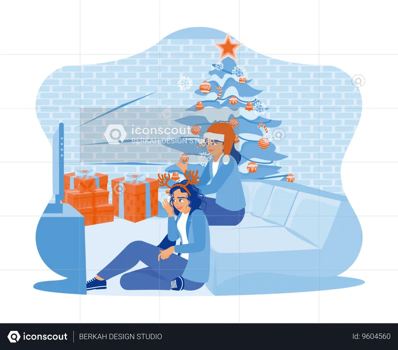 Two female friends sitting together near the Christmas tree  Illustration