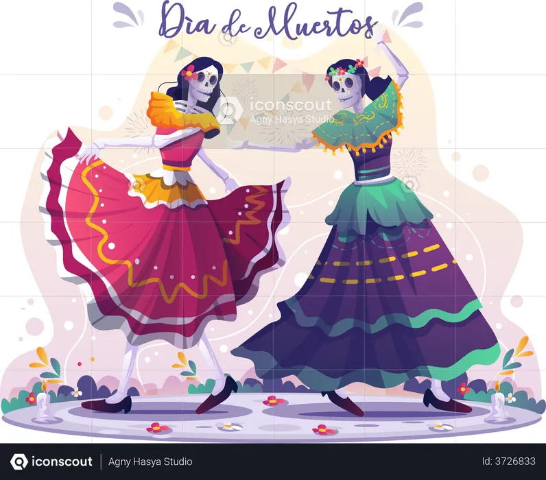 Two female skull dancers dancing together celebrating Day Of Dead  Illustration