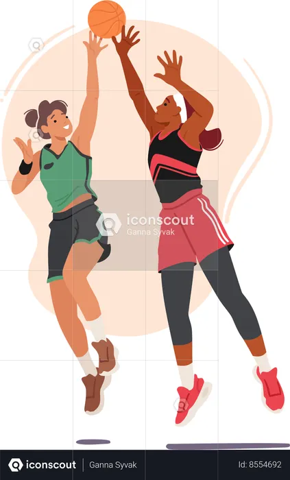 Two Fierce Basketball Player Girls Engage In A Spirited Struggle For The Ball  Illustration