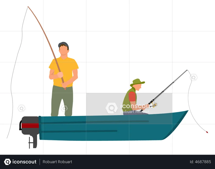 Two Fishermen with Fishing Rods on Motor Boat  Illustration