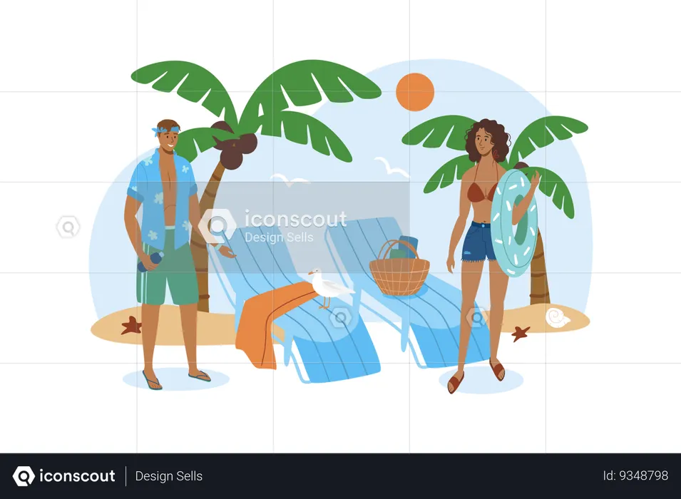 Two friends come to the beach to swim and play games together  Illustration