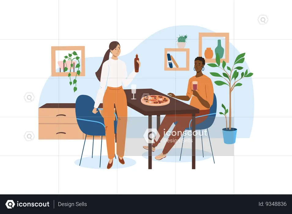 Two friends decided to rest and arranged the dinner in a beautiful kitchen  Illustration