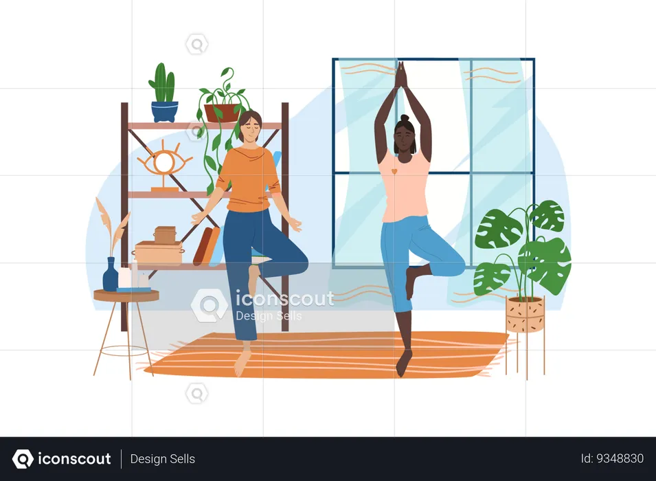 Two friends do yoga exercises in comfortable gym with plants  Illustration