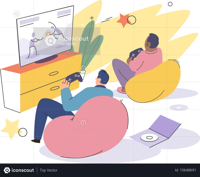 Two friends playing video game at home  Illustration