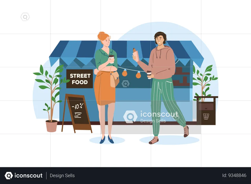 Two friends took something to eat at a street food shop  Illustration