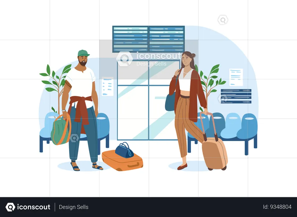 Two friends wait for their flight in the airport to travel  Illustration