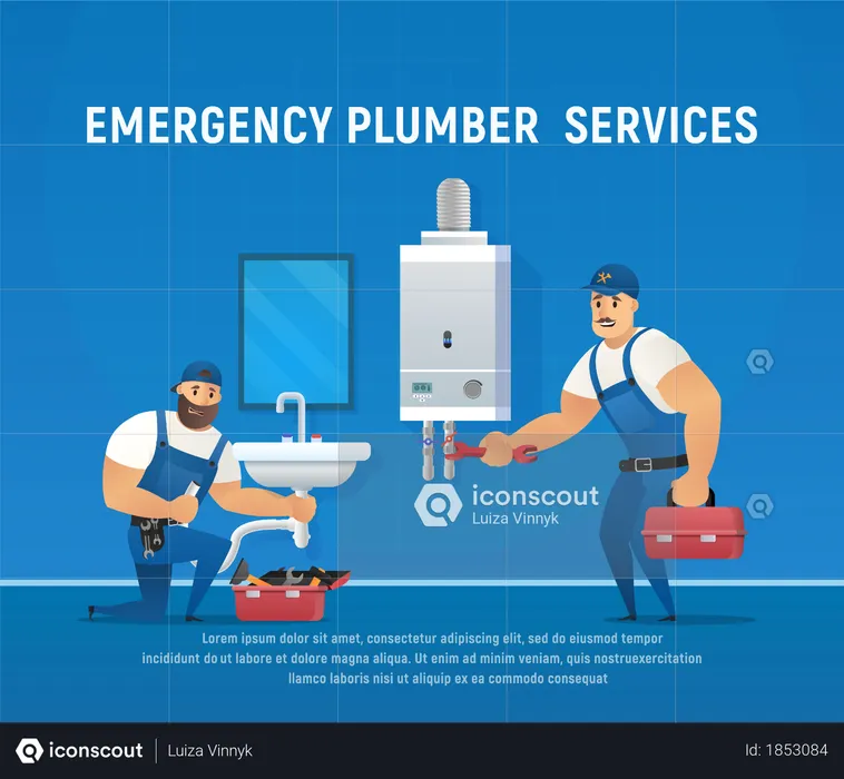 Two Funny Plumbers Repair Pipe and Boiler Maintenance  Illustration