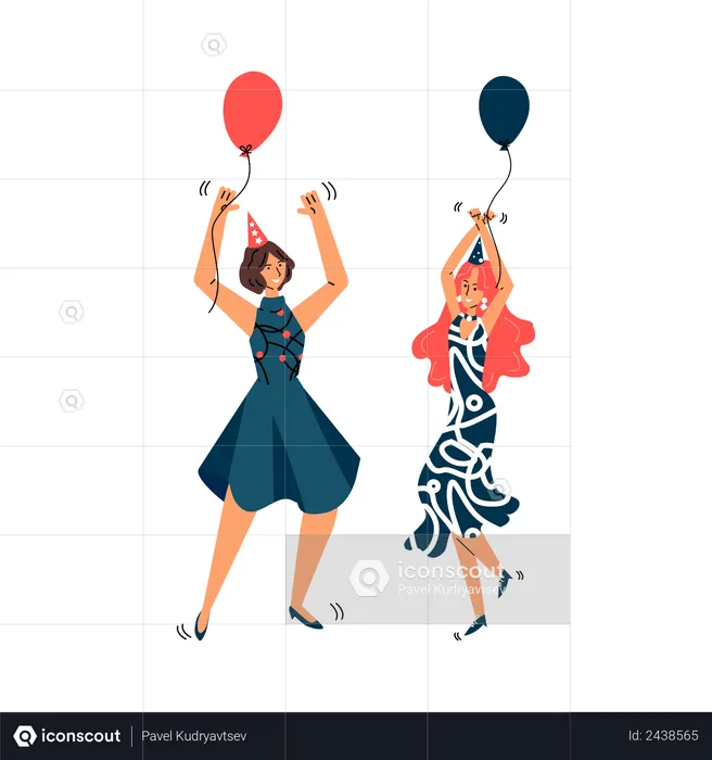 Two girl friends dancing with balloon  Illustration