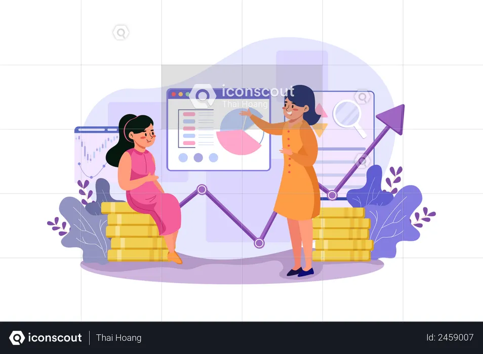 Two girls are exploring the benefits of the stock market  Illustration