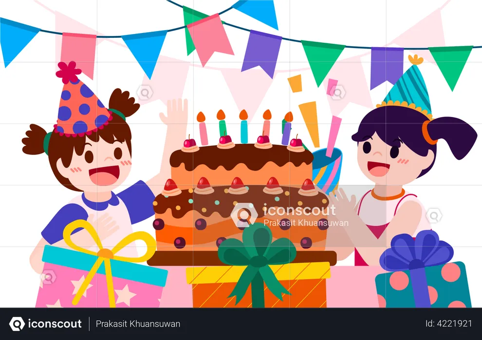 Two girls celebrating birthday together  Illustration