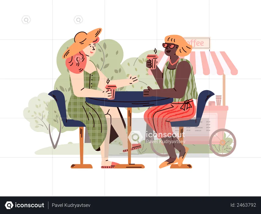 Two girls having drink and talking  Illustration