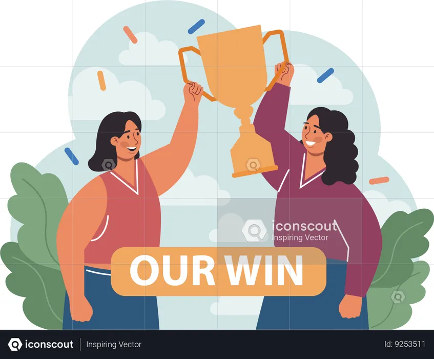 Two girls holding winner trophy  Illustration