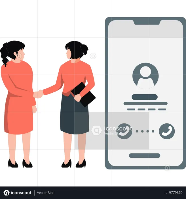 Two girls shaking hands and talking about call  Illustration