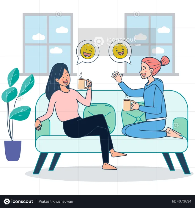 Two girls sitting on couch drinking coffee and gossiping inside home  Illustration