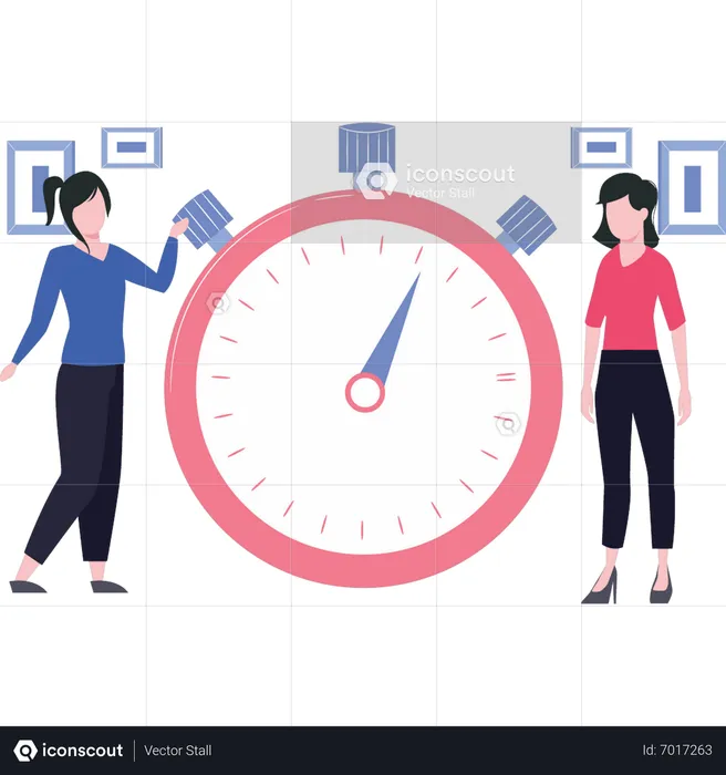 Two girls standing with stopwatch  Illustration