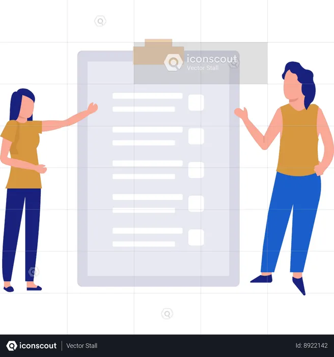 Two girls talking about document on clipboard  Illustration