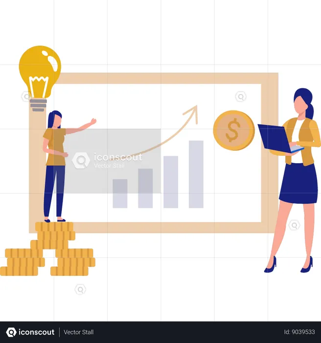 Two Girls Working On Business  Illustration