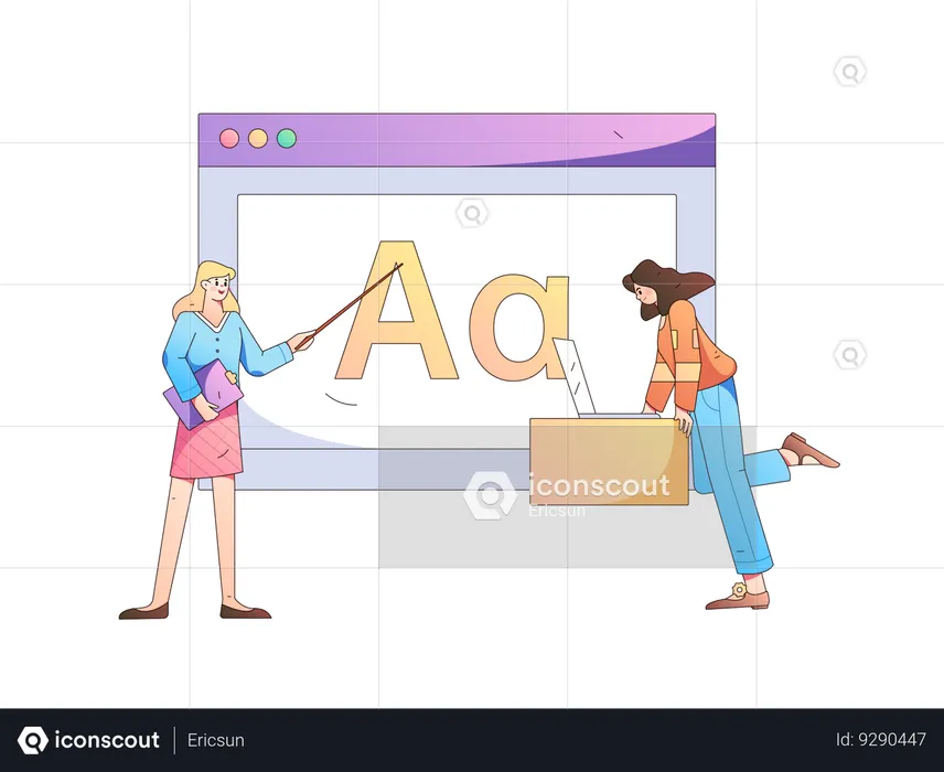 Two girls working on website text  Illustration