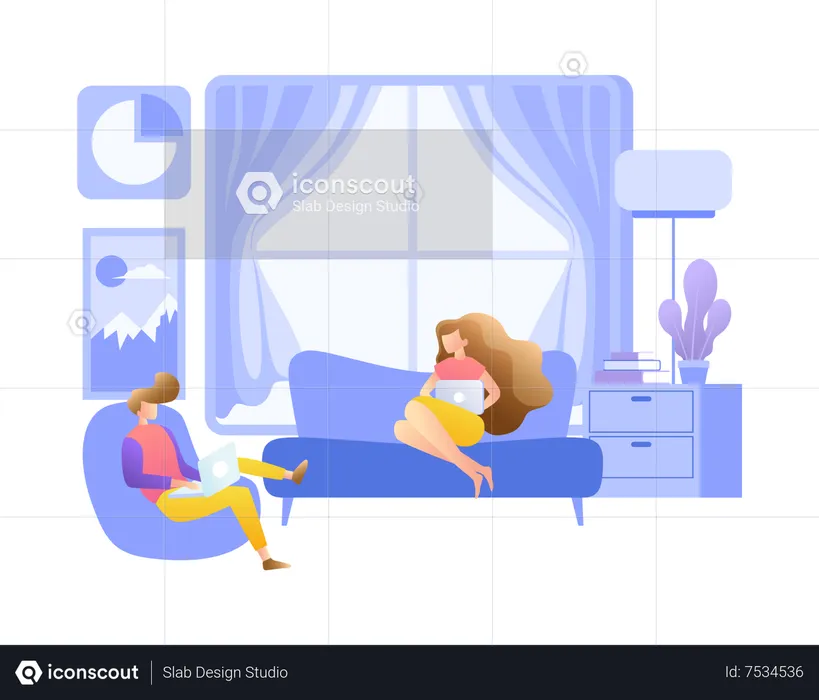 Two girls working online  Illustration