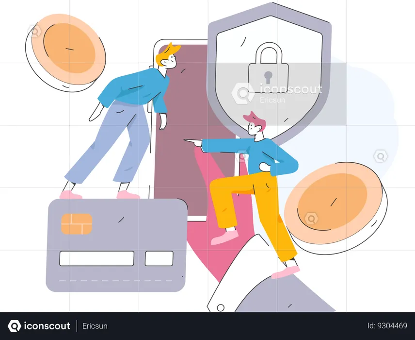 Two guys doing secure payment using credit card  Illustration