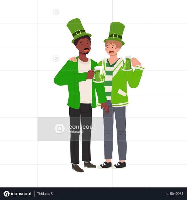Two Guys Enjoying Green Beer on St Patrick's Day  Illustration