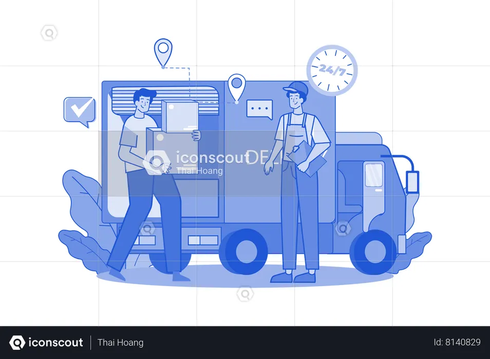 Two guys getting ready to ship cargo by Delivery Truck  Illustration