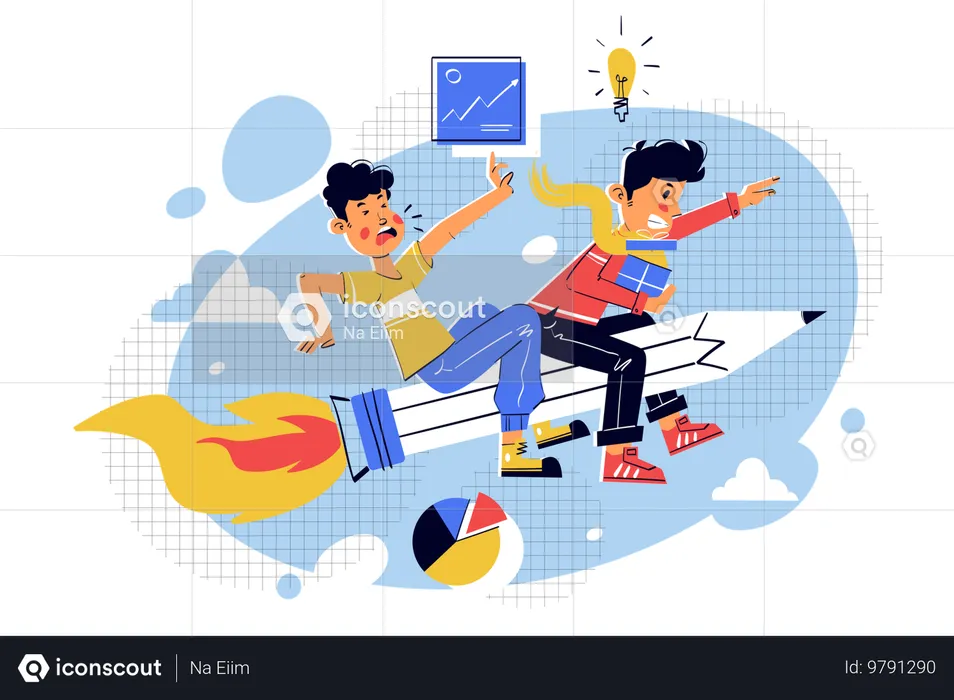 Two guys riding on pencil while getting business idea  Illustration