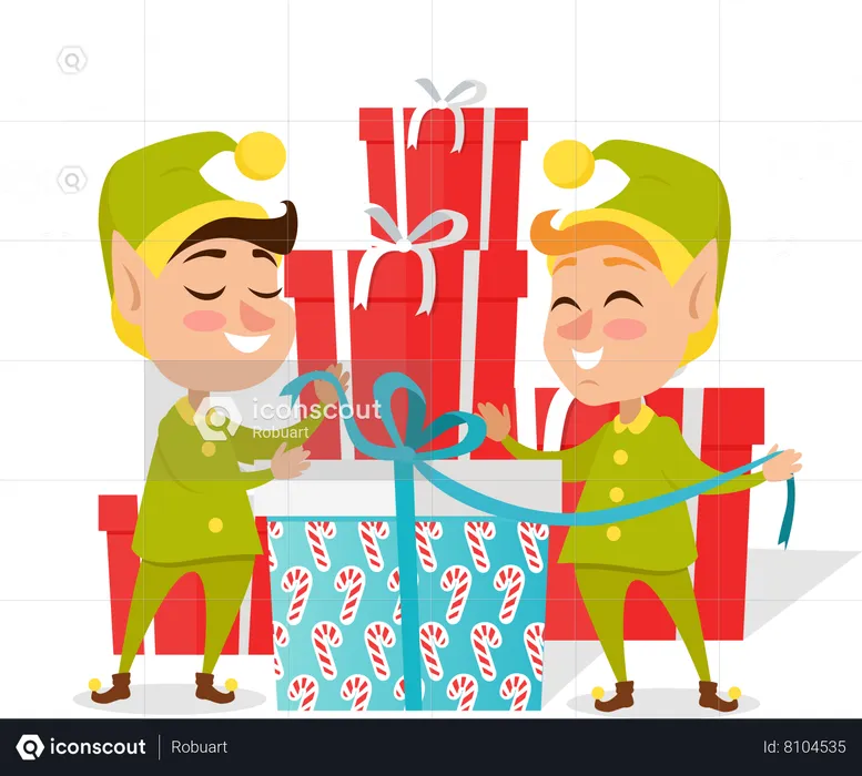 Two Happy Elves with Present  Illustration