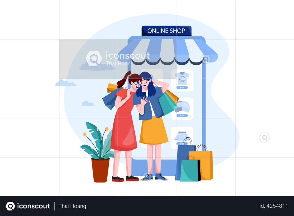 Two happy women go shopping online  Illustration