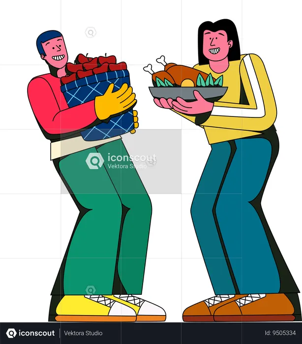 Two individuals joyfully exchange gifts and share a sumptuous Thanksgiving meal  Illustration