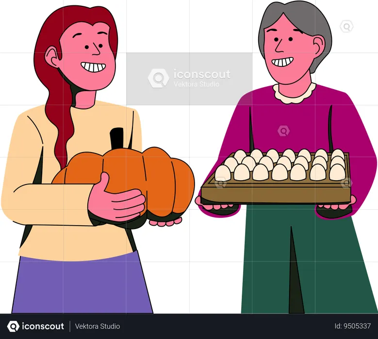 Two individuals proudly present freshly harvested pumpkins and eggs  Illustration