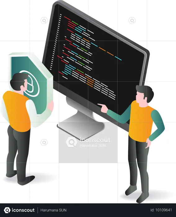 Two individuals standing beside computer screen showing programming code  Illustration