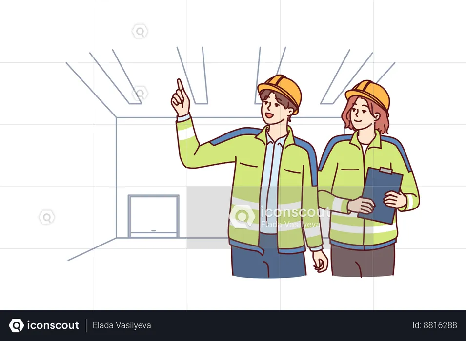 Two industrial room engineers discussing production process  Illustration