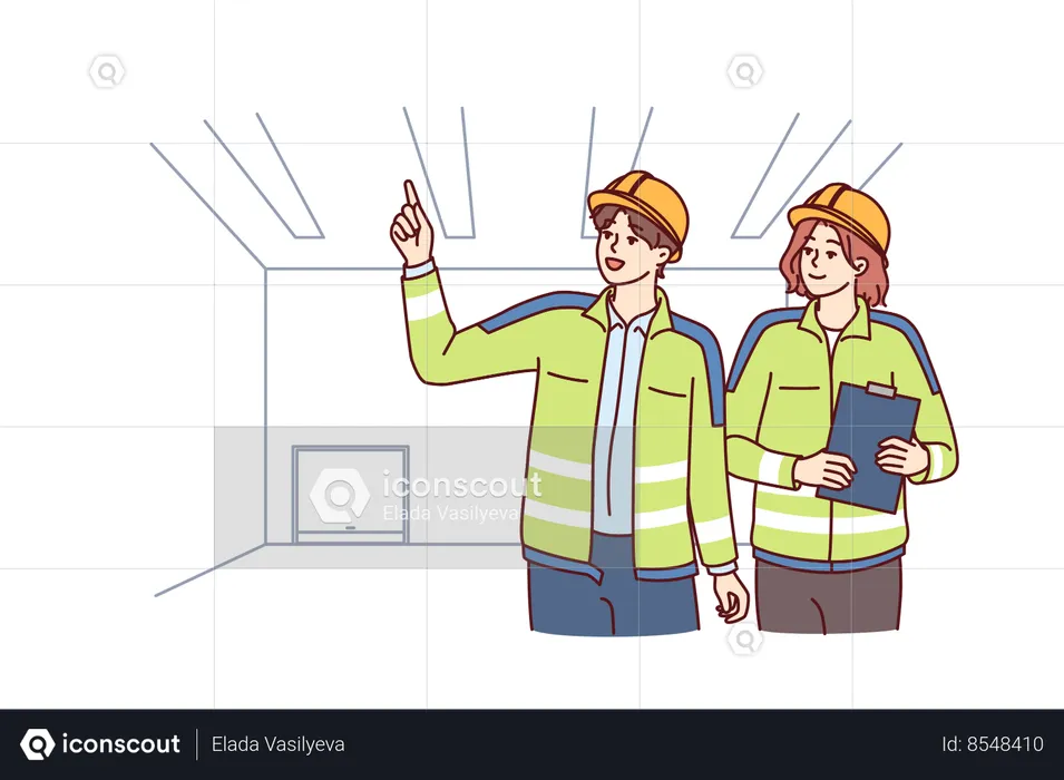 Two industrial room engineers discussing production process and how to repair equipment  Illustration