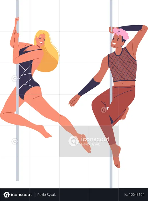 Two Joyful Cartoon Characters Pole Dancing With Energy And Enthusiasm  Illustration